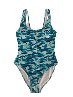 WOMENS ZIP FRONT FULL PIECE SWIMSUIT - BLUE CAMO